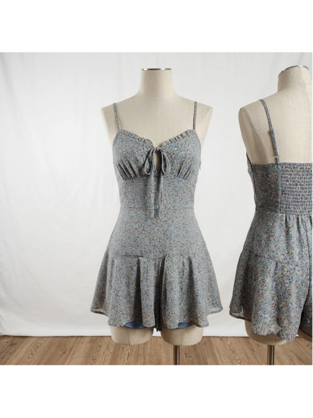 Blush BJ Floral Romper Dress Medium Blue Pink Ditsy Smocked Back Skort Mini M